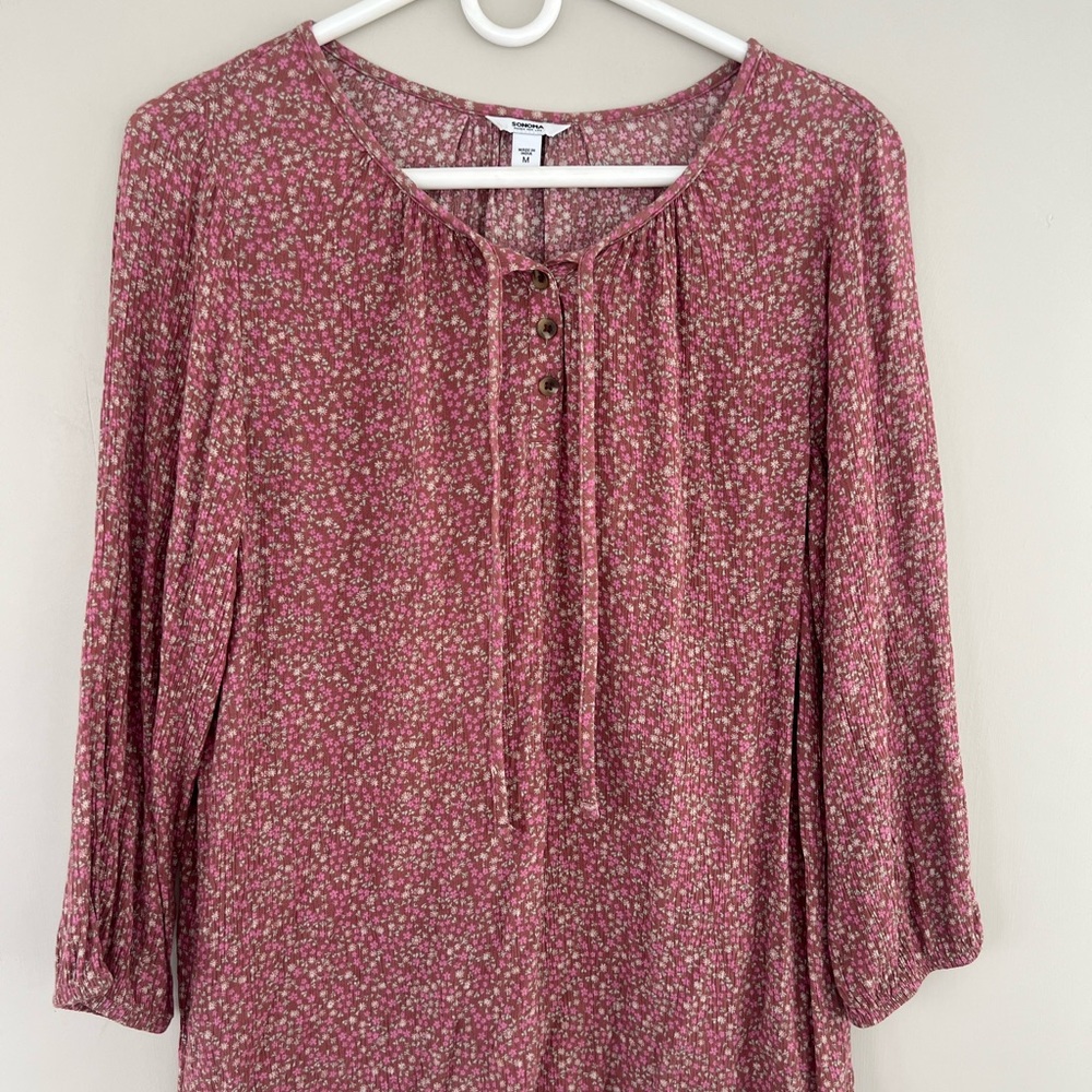 Sonoma Women's Rose Pink Floral Tie-Neck Peasant Tunic